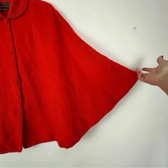 Handmade 100% Alpaca Peru Orange Embroidered Collared Poncho One Size - Picture 5 of 7